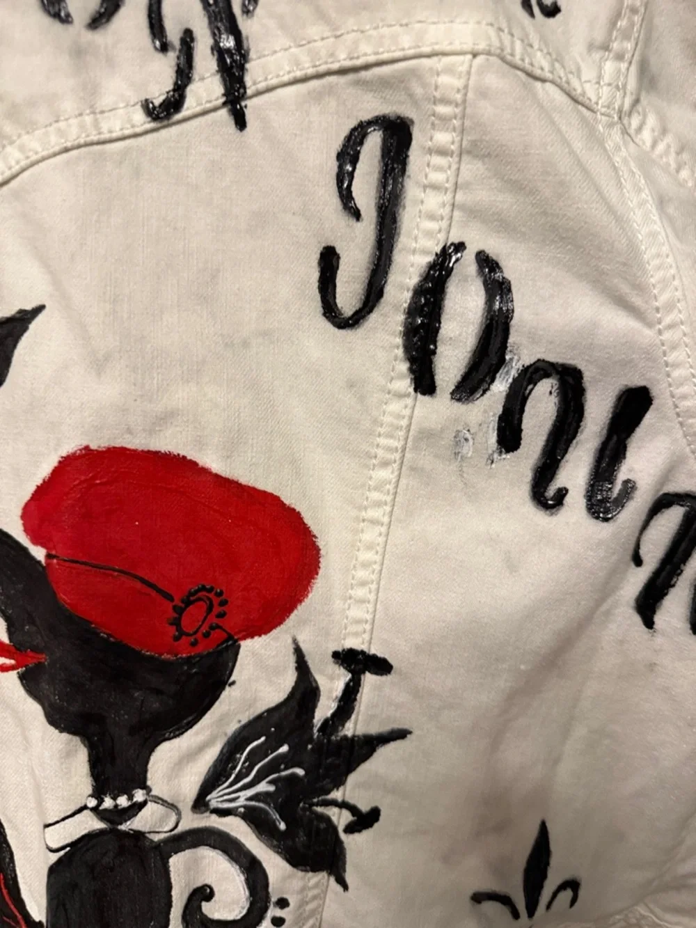 White Painted Denim Jean Jacket with Red Eiffel Design - Picture 3 of 4